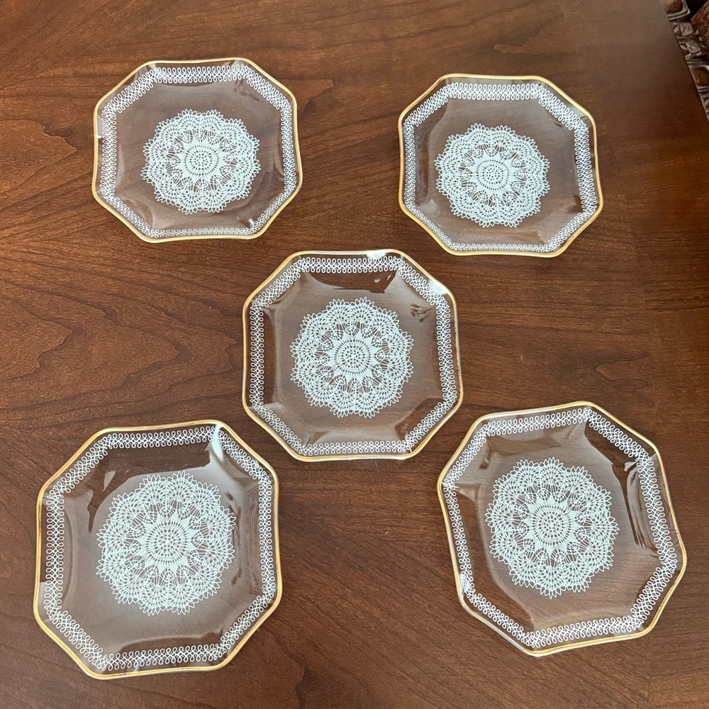 Set Of 5 Vintage Crystal Clear Doily Glass Gold Trim Dishes - Germany *READ*